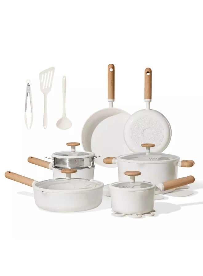 كاروت طقم أواني كاروت 21 قطعة سيراميك غير لاصق لطهي صحي خالٍ من PFAS، بأغطية سيليكون بمصفاة مزدوجة وقاعدة توزيع حرارة متساوٍ، متوافق مع جميع المواقد وآمن لغسالة الصحون (كريمي) - Image 1